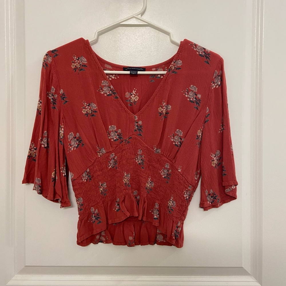 American Eagle floral red orange blouse